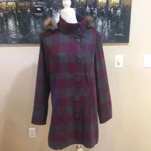 Hurley Burgundy Gray Plaid 100% Cotton Coat Removable Faux Fur Hood Pockets-XL